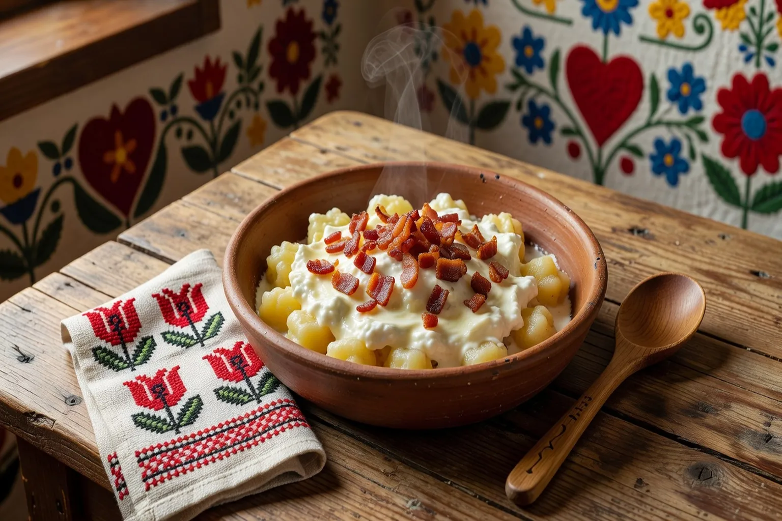 Bryndzové halušky servis avec lardons croustillants, plat national slovaque