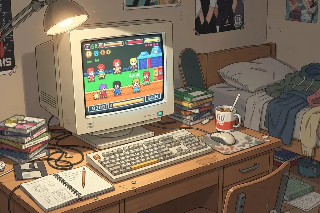 Bureau des années 2000 avec ordinateur et jeux flash