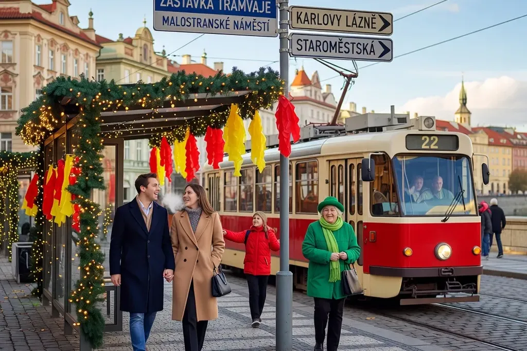Panneau de tram à Prague en langue tchèque