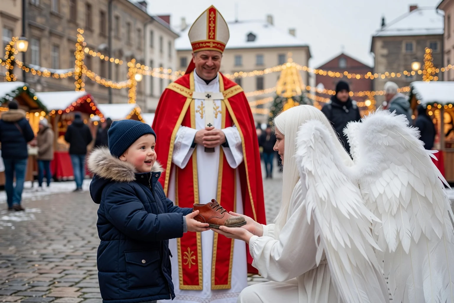 Enfant tendant sa chaussure devant un ange et Mikuláš