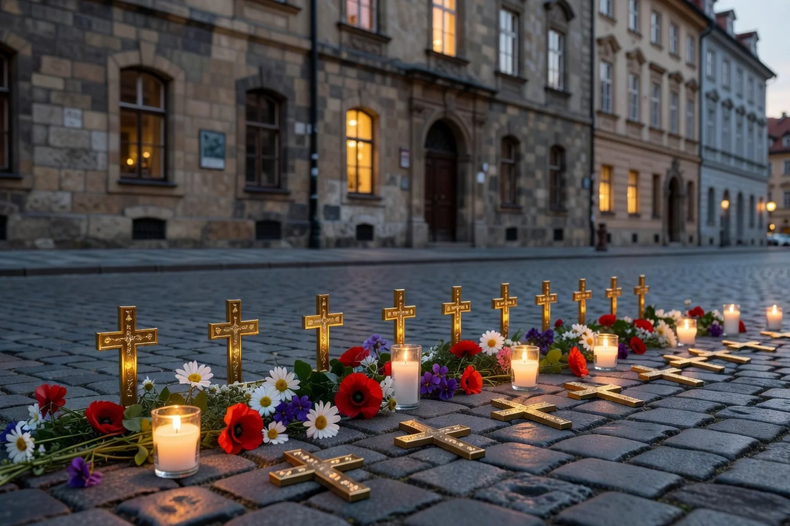 Rangées de croix et de fleurs sur la rue Národní à Prague