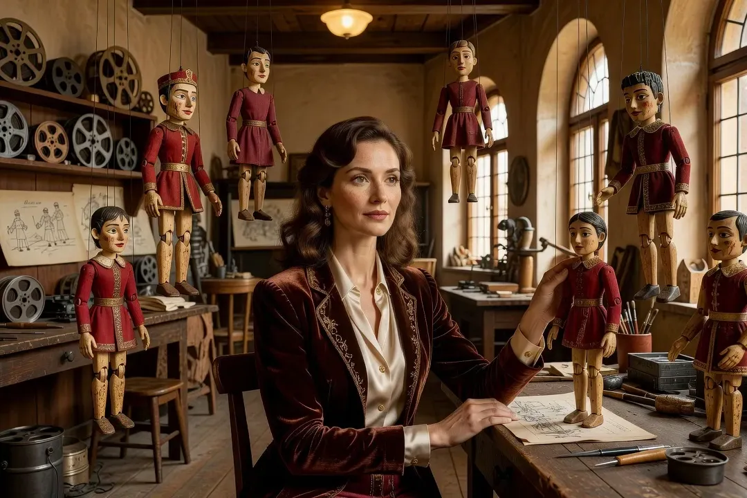 Jeune femme élégante dans un atelier d'animation tchèque vintage, entourée de marionnettes en bois et de décors de studio