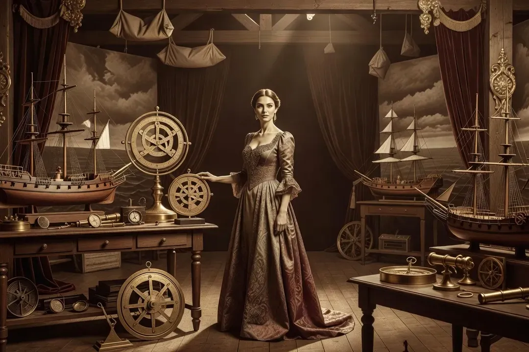 Jeune femme élégante devant un décor de cinéma en trompe-l'œil inspiré des gravures anciennes de Jules Verne, style tchèque vintage