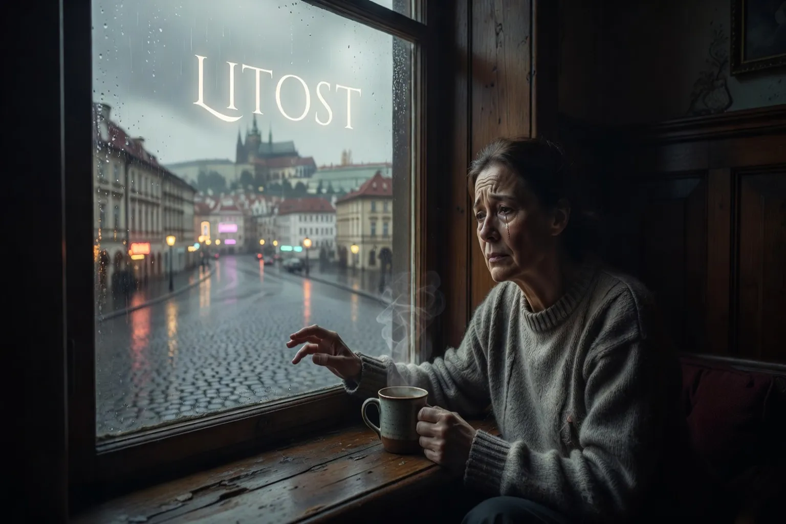 Pocit litost zachycen v atmosféře pražského okna