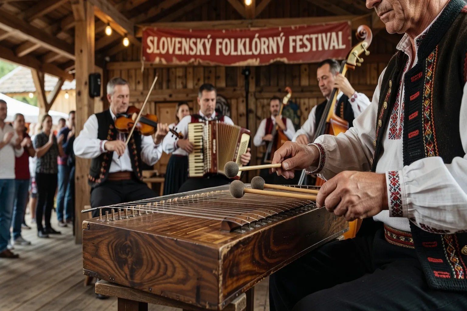 Hráč na cimbál při tradičním moravském festivalu