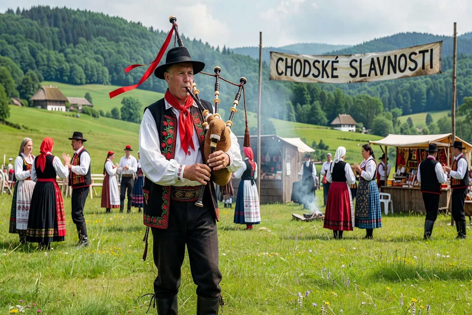 Slovenský fujarista při outdoorovém vystoupení v karpatské krajině