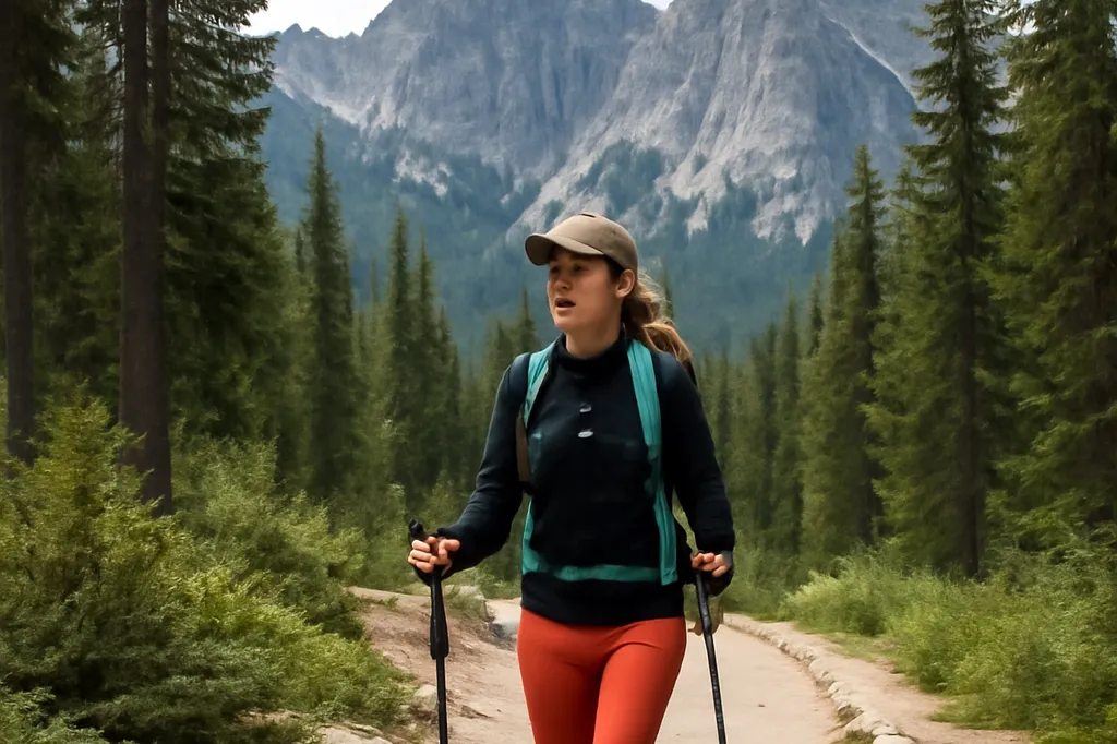 Femme élégante marchant sur un sentier balisé de montagne dans le parc national des Tatras