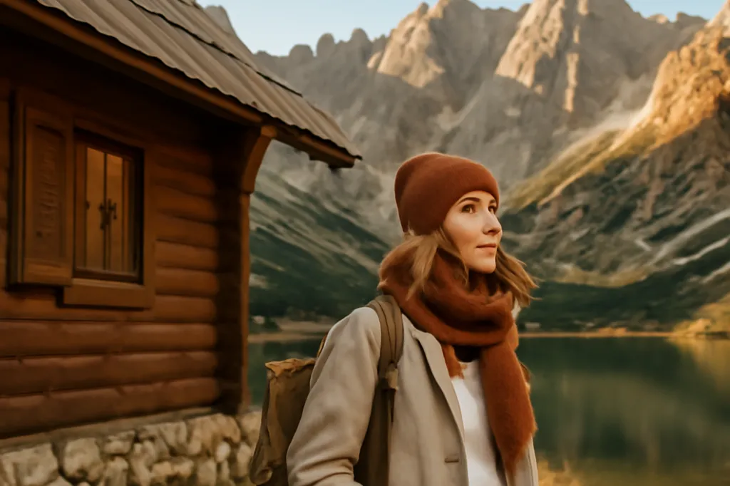 Femme élégante près d'une chata en bois au bord d'un lac glaciaire des Hautes Tatras