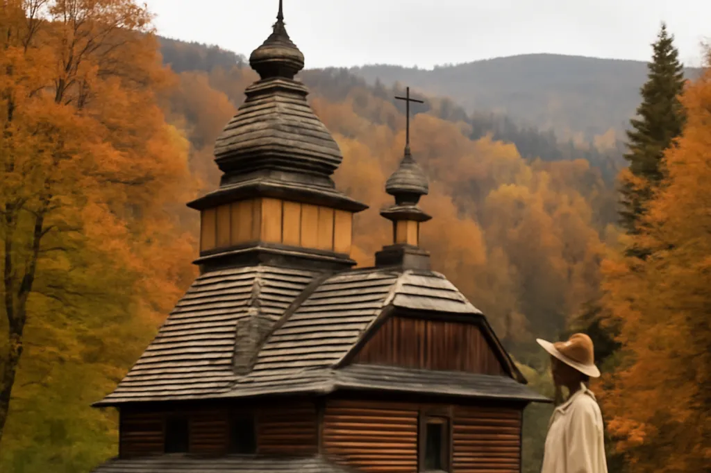 Petite église en bois orthodoxe dans les Carpates slovaques entourée de forêt d'automne