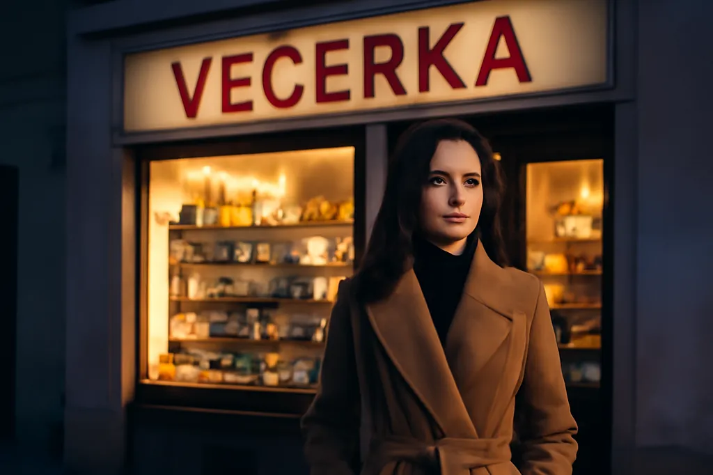 Femme élégante devant une petite épicerie de quartier tchèque le soir, večerka éclairée