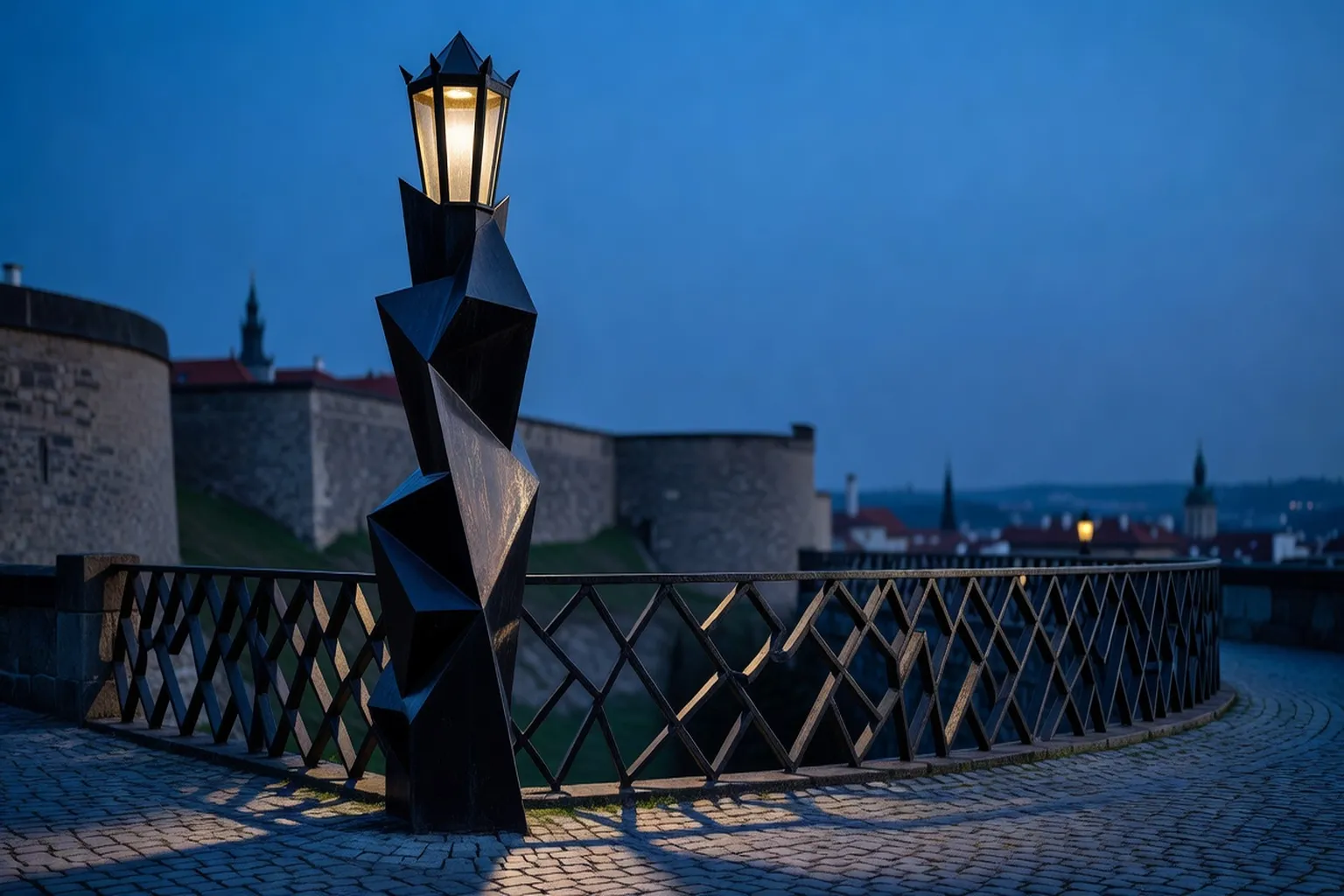Kubistické lampy a zábradlí ve Vyšehradě v Praze