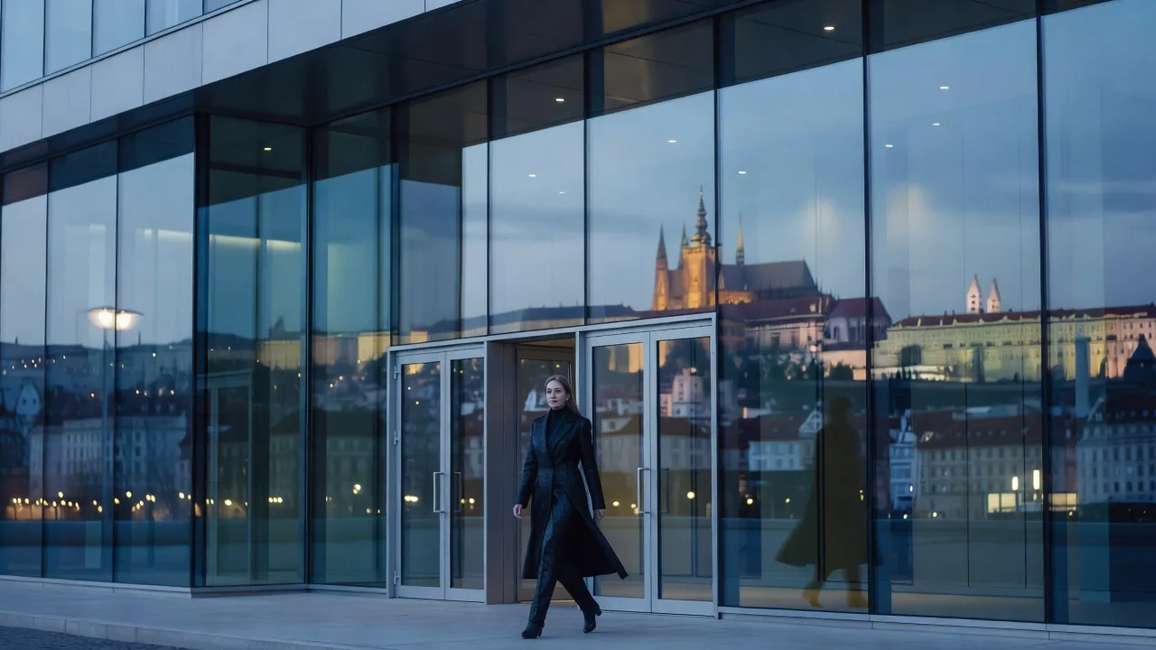 Femme élégante marchant devant la façade vitrée moderne d'un théâtre pragois, château de Prague reflété au crépuscule