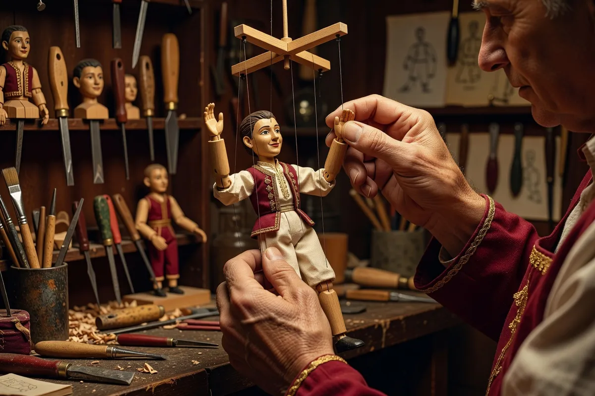 Marionnette tchèque traditionnelle en bois de tilleul avec sa croix de commande à fils