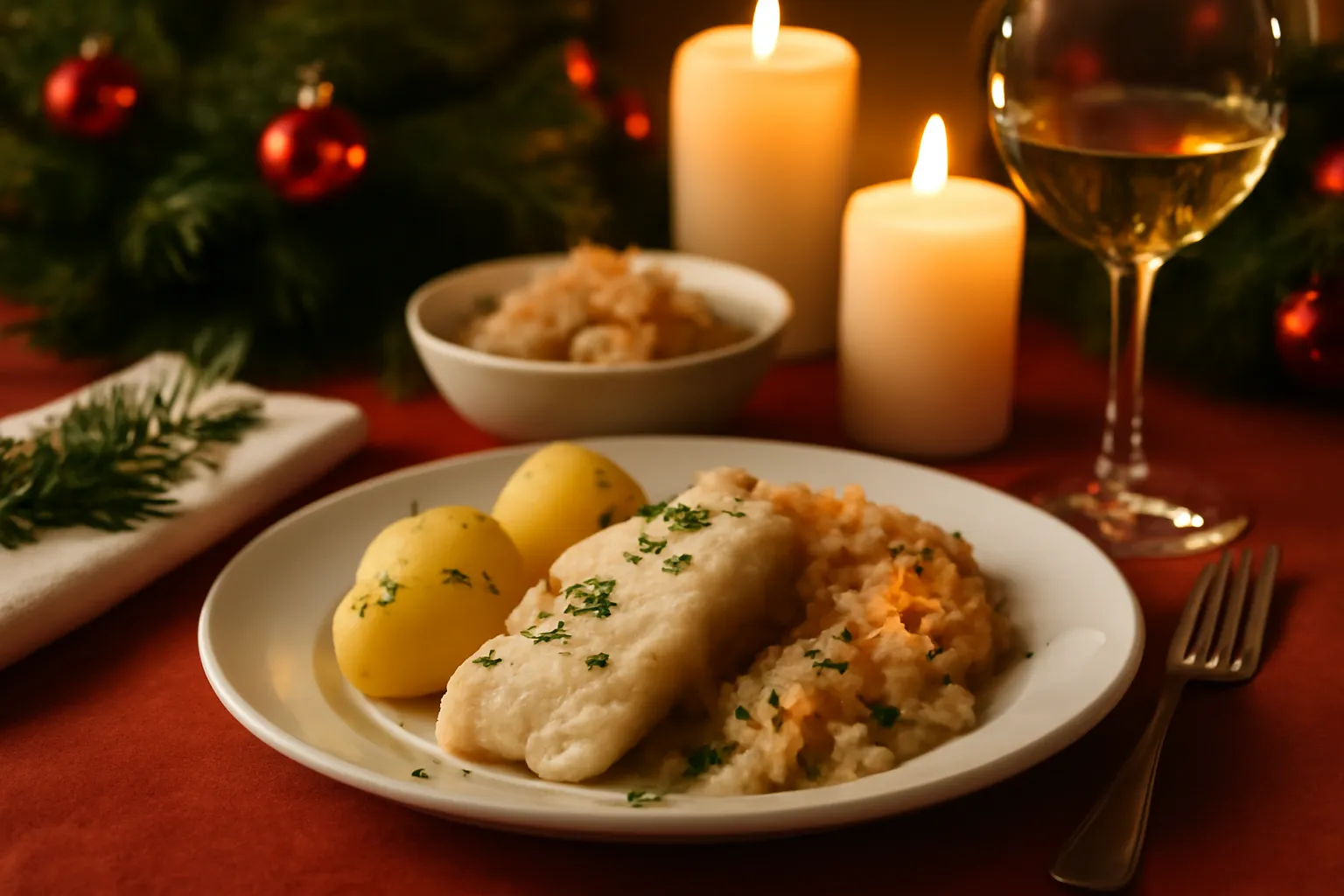 Repas traditionnel du réveillon tchèque avec carpe de Noël