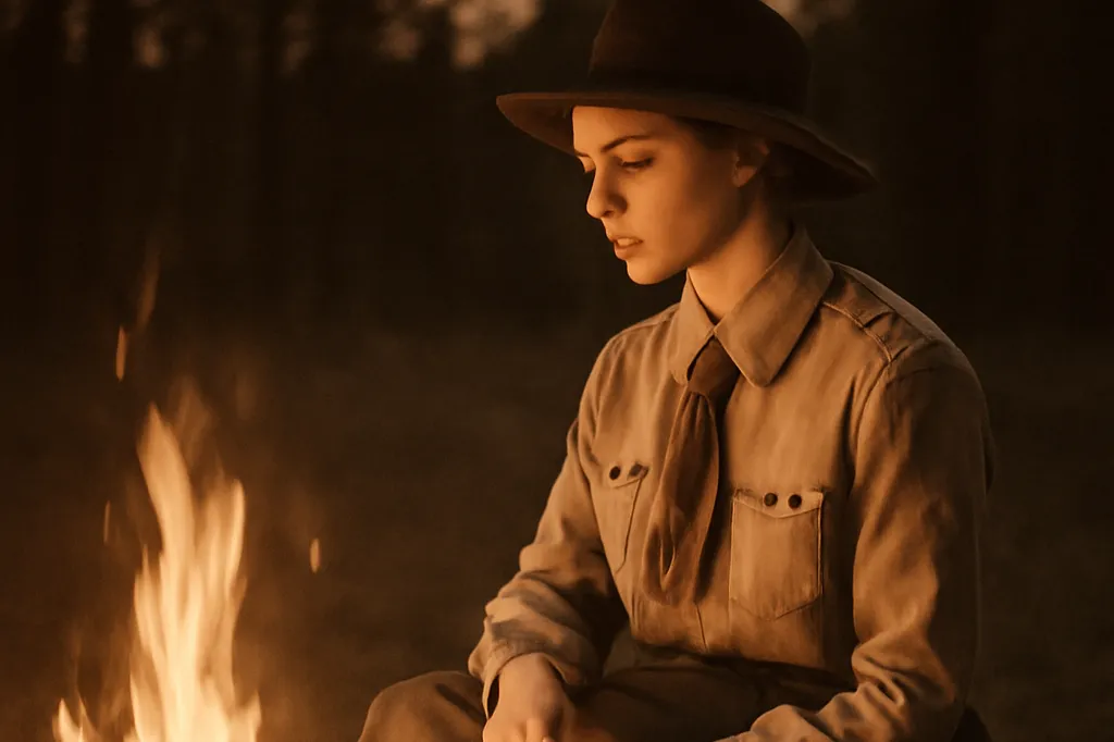 Femme élégante en uniforme scout tchèque vintage devant un feu de camp, ambiance nostalgique