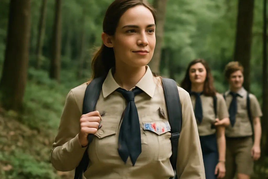 Groupe de jeunes scouts tchèques en uniforme marchant sur un sentier forestier