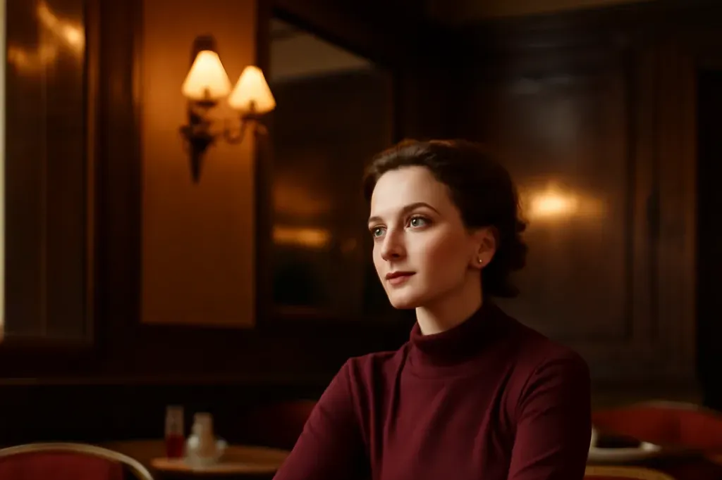 Jeune femme élégante assise seule dans un café tchèque vintage des années 1970, ambiance feutrée et un peu tendue