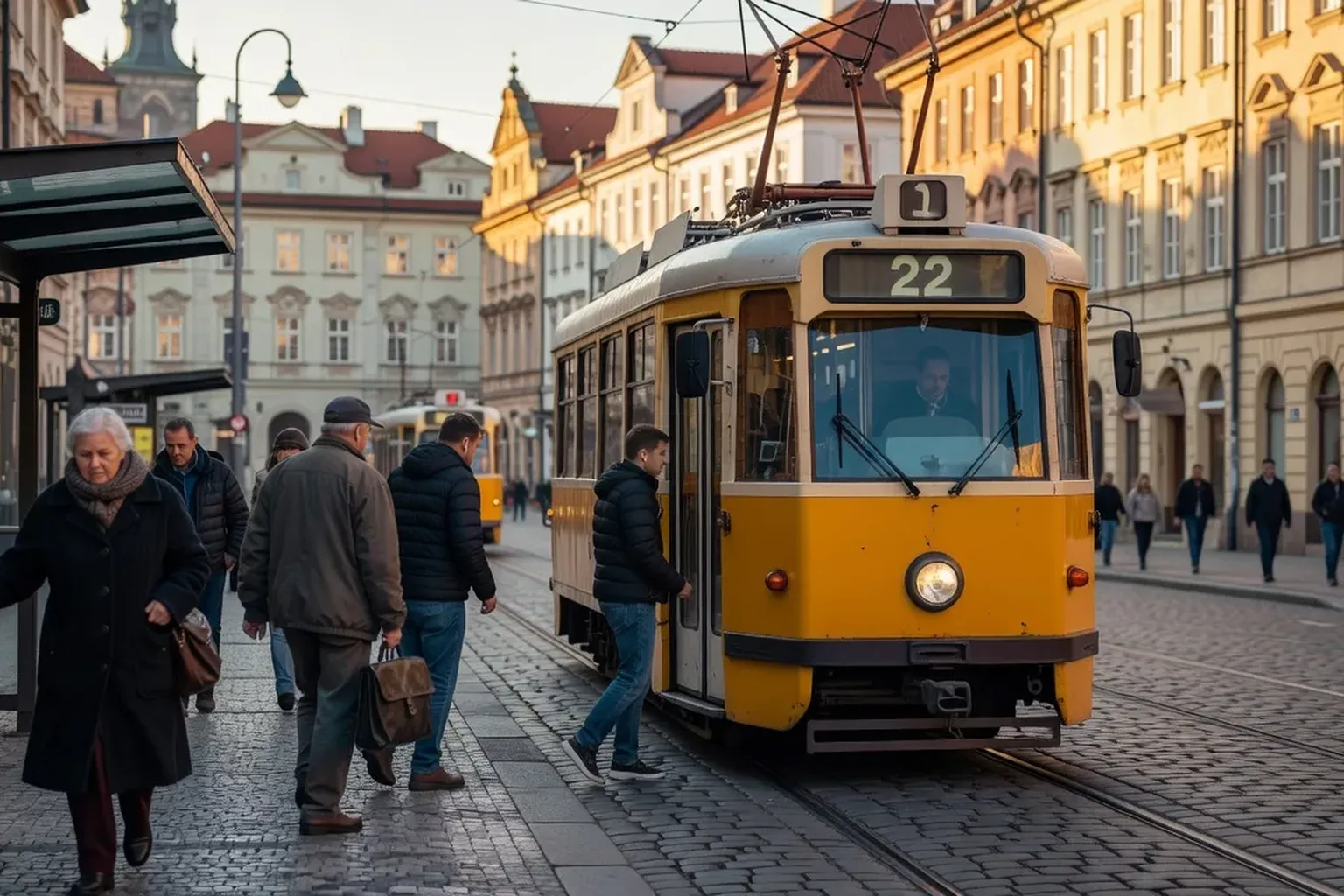 Tramway historique de Prague traversant Wenceslas Square, transport emblématique