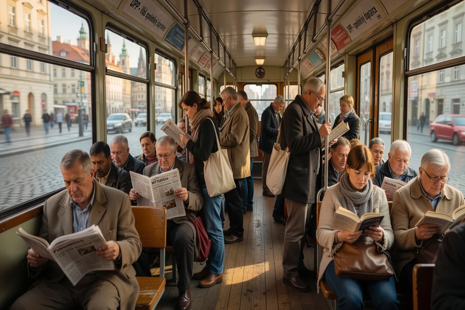 Uvnitř pražské tramvaje s výhledem na město